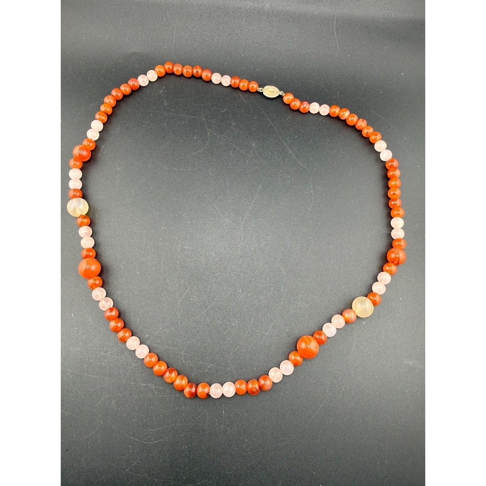 Vintage Estate Polished Stone Necklace Orange Silver Filigree Clasp 30in